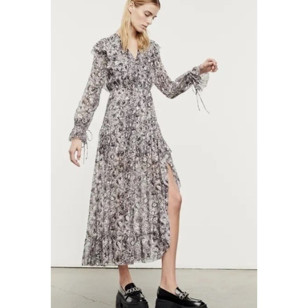 The Kooples black and Silver Floral Print ruffle v neck long sleeve midi dress 0
